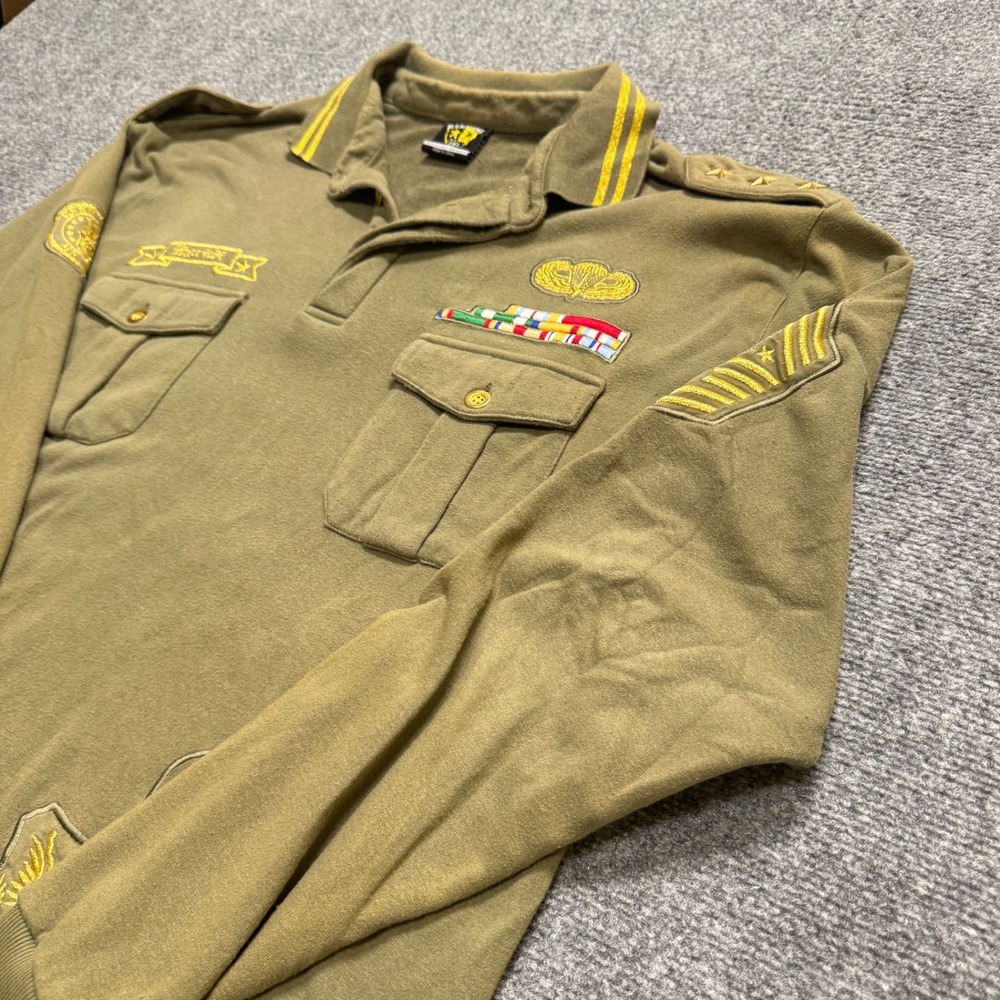 Bare Fox Polo Shirt Men's 2XL Military Long Sleeve Cotton Embroidered Green Y2K